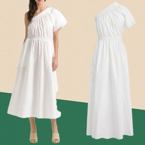 J.Crew Smocked One Shoulder Midi Dress In White Cotton Poplin